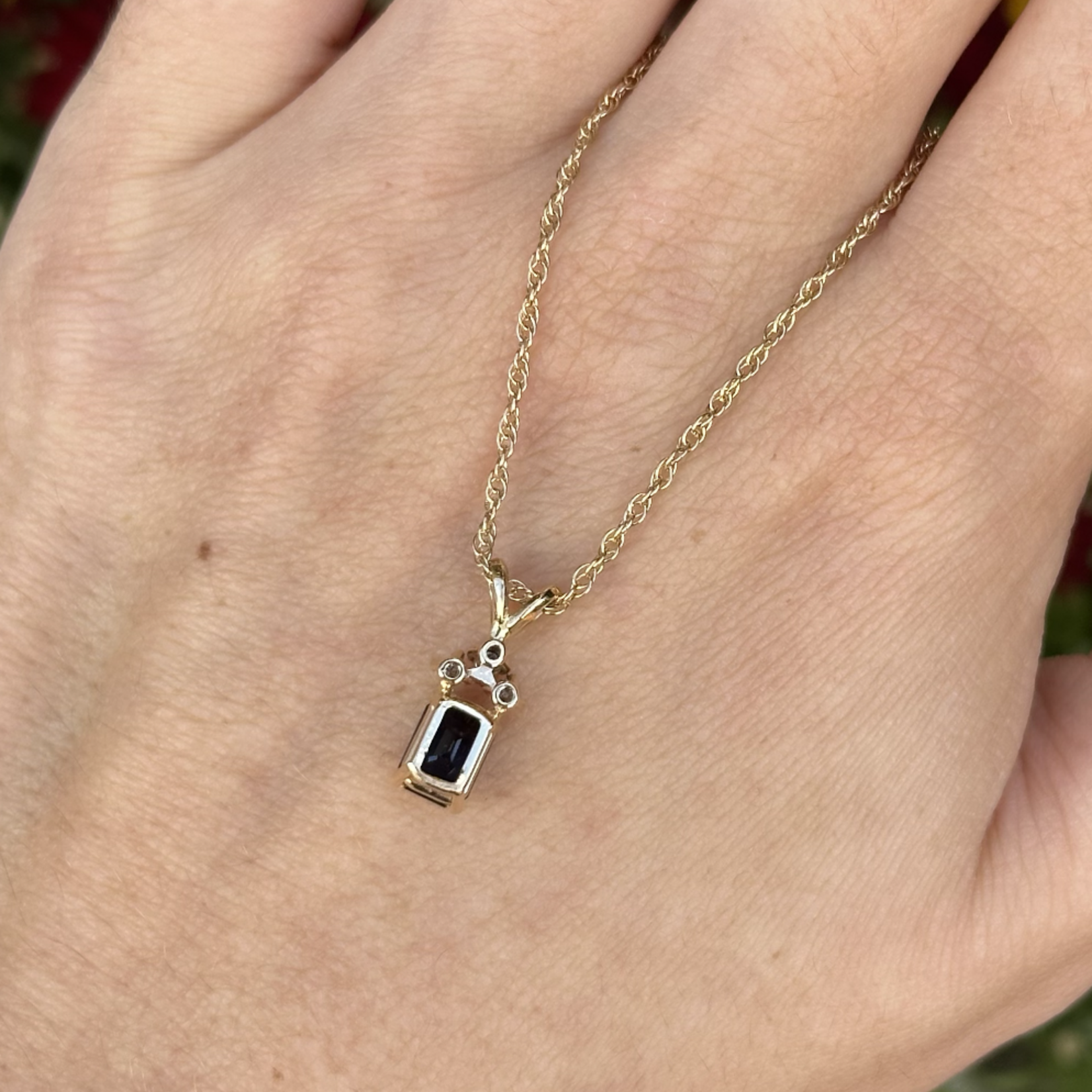 Emerald Cut Sapphire & Three Full Cut Diamond Necklace | 14K Yellow Gold | 18" | Estate