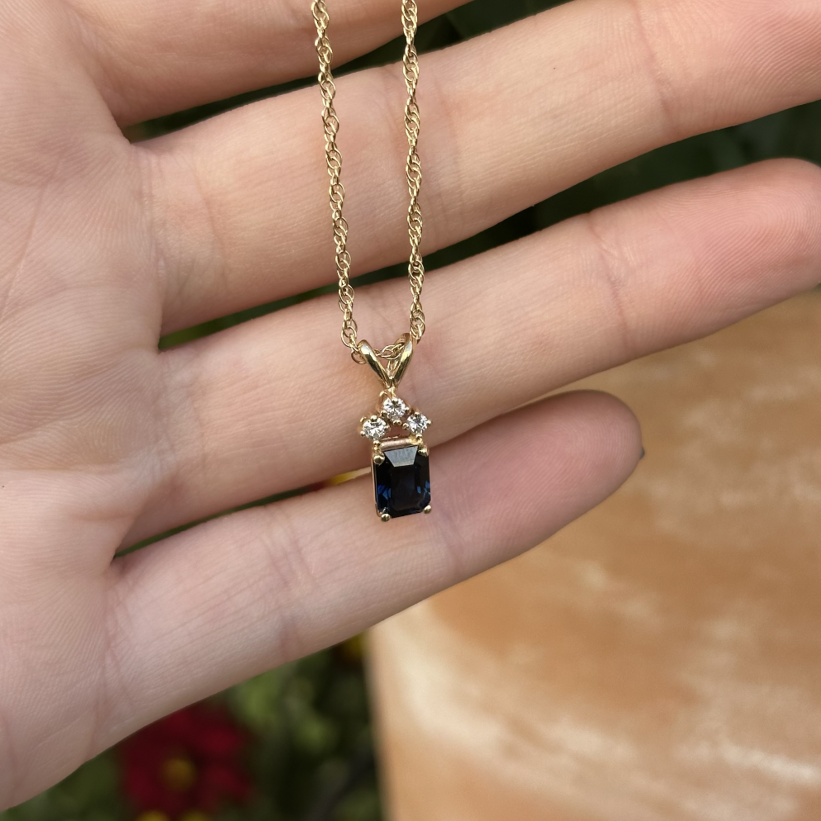 Emerald Cut Sapphire & Three Full Cut Diamond Necklace | 14K Yellow Gold | 18" | Estate