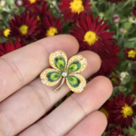 Reclaimed Gems Enamel 4 Leaf Clover Pin | Old Mine Cut Diamond | 14k/18k Yellow Gold | Circa 1900