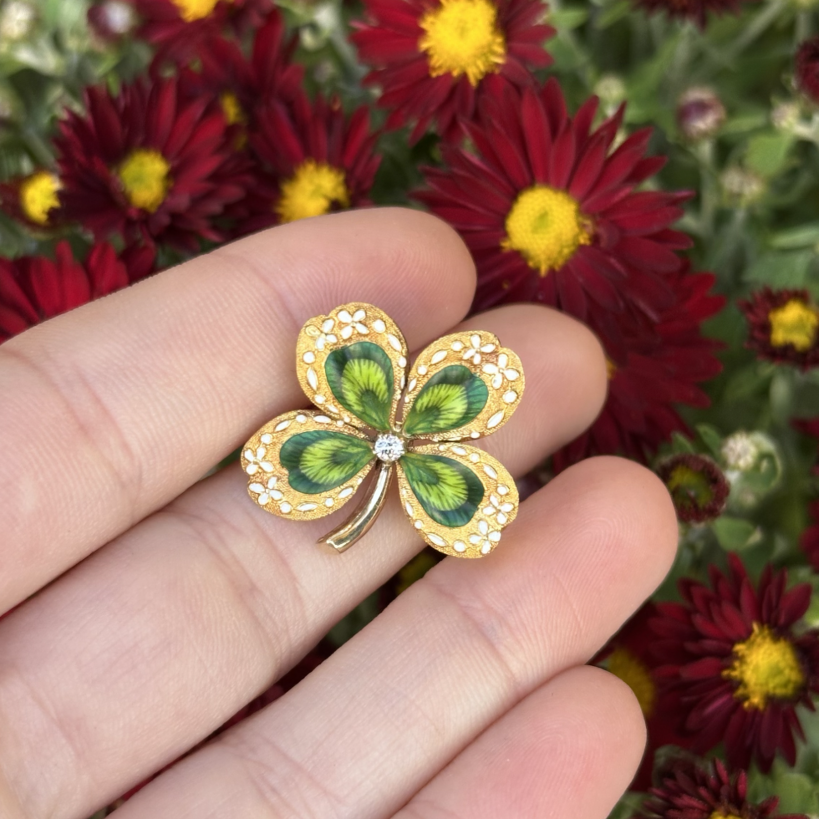 Reclaimed Gems Enamel 4 Leaf Clover Pin | Old Mine Cut Diamond | 14k/18k Yellow Gold | Circa 1900