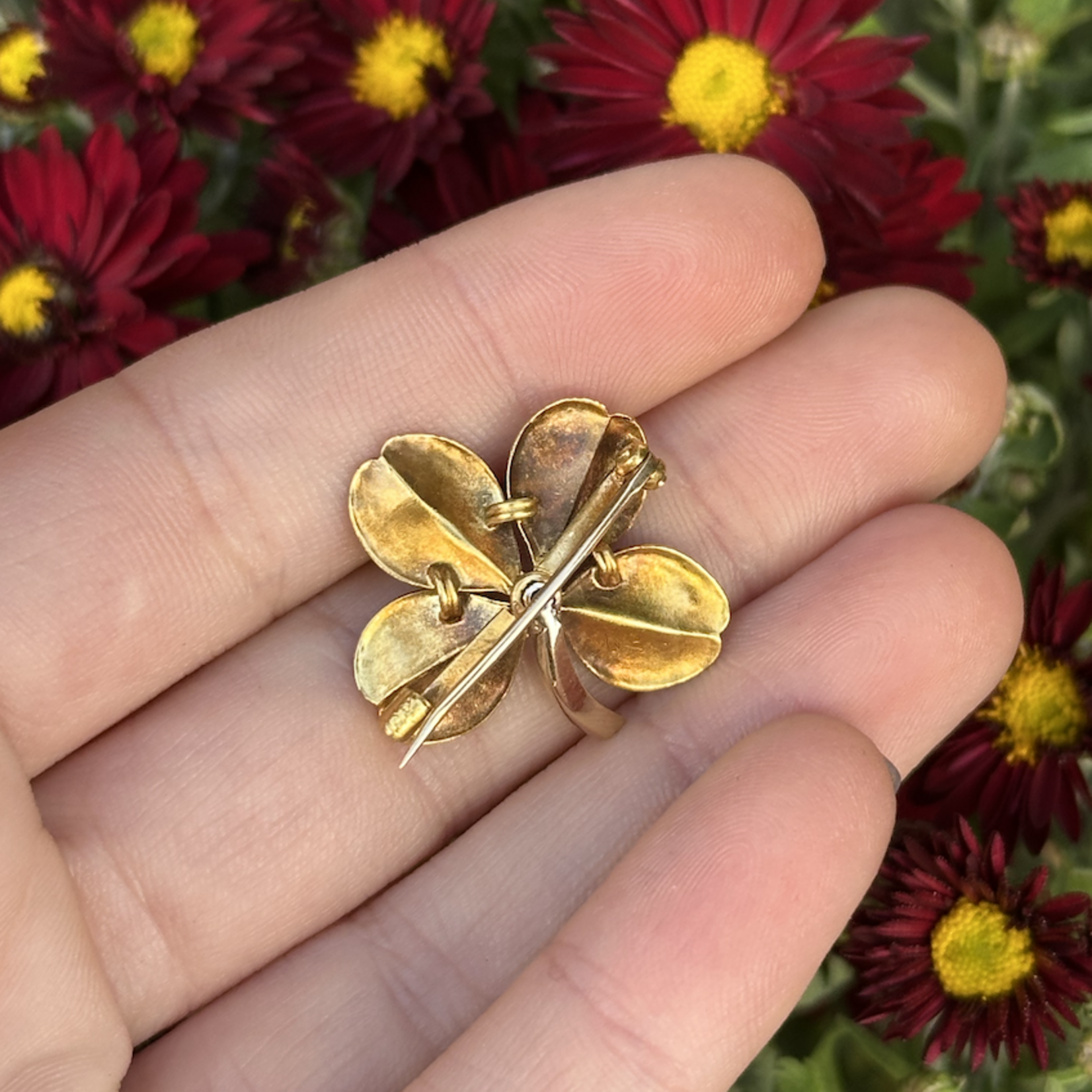 Reclaimed Gems Enamel 4 Leaf Clover Pin | Old Mine Cut Diamond | 14k/18k Yellow Gold | Circa 1900