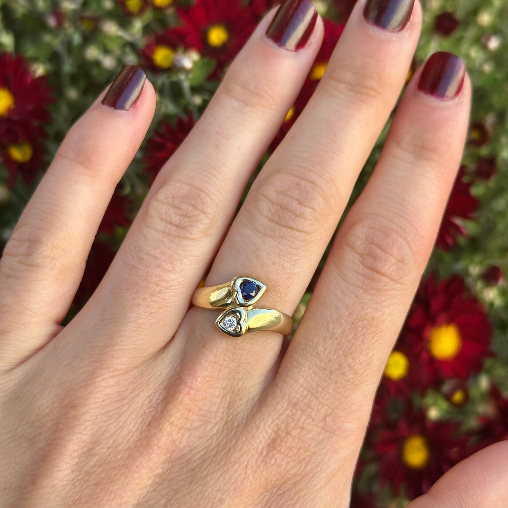 Sapphire & Diamond Bypass Heart Ring | 14K Yellow Gold | Size 7.25 | Estate