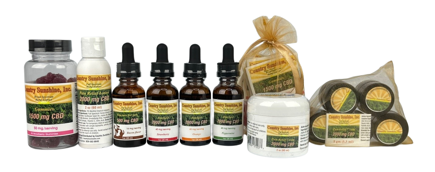 alt="Country Sunshine's lineup of CBD oil creams, lotions, and tinctures"
