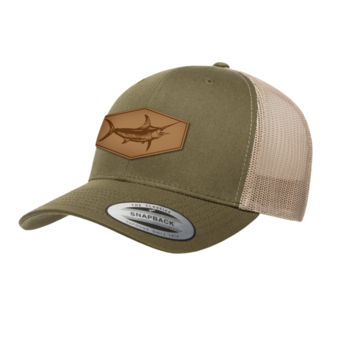 Moss Green Khaki Mesh Snapback Yupoong - Leather Sword Patch Hat