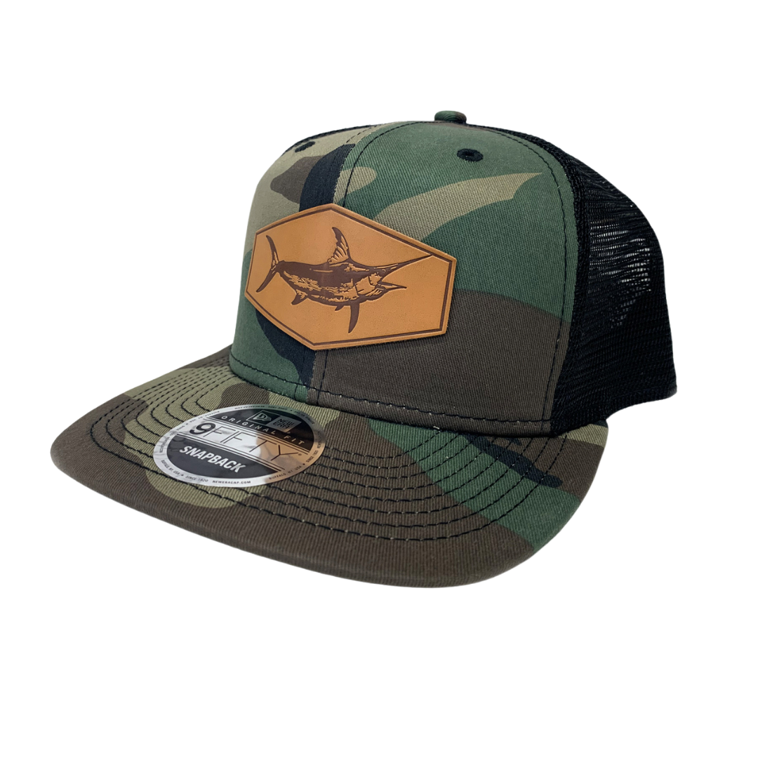 Camo Black Yupoong Flat Bill Snap Back - Leather Sword Patch Hat