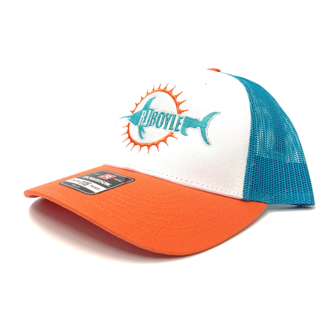 RJ Boyle Miami Dolphins - Orange/White Blue Mesh - Richardson Snapback Hat  - RJ Boyle