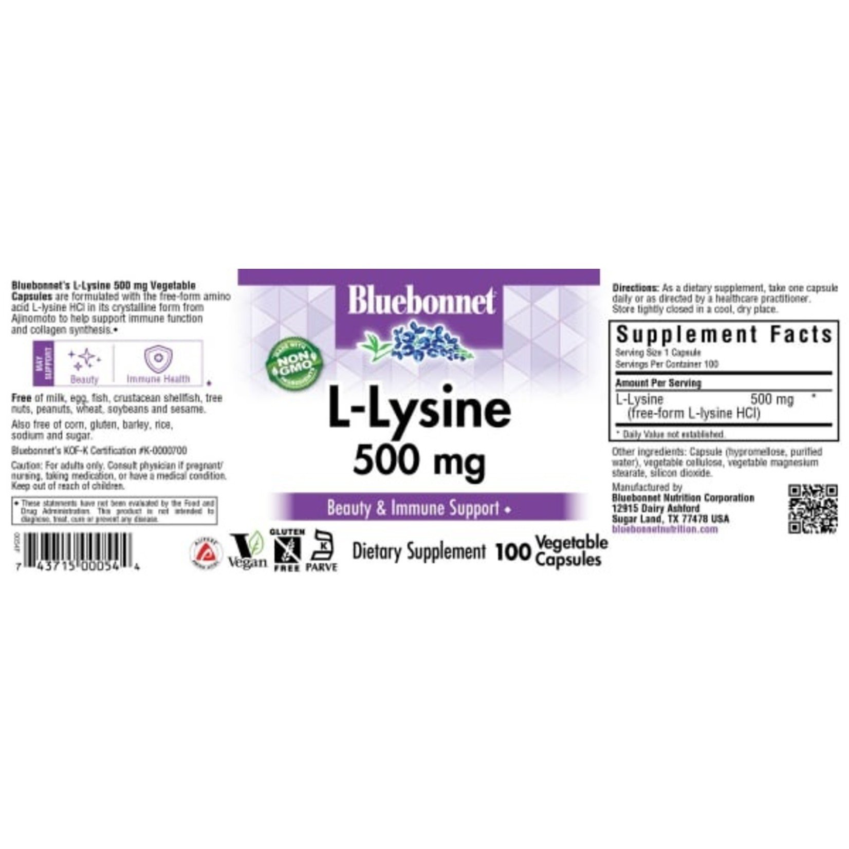 Bluebonnet Bluebonnet - L-Lysine 500 mg - 100 Veg Capsules