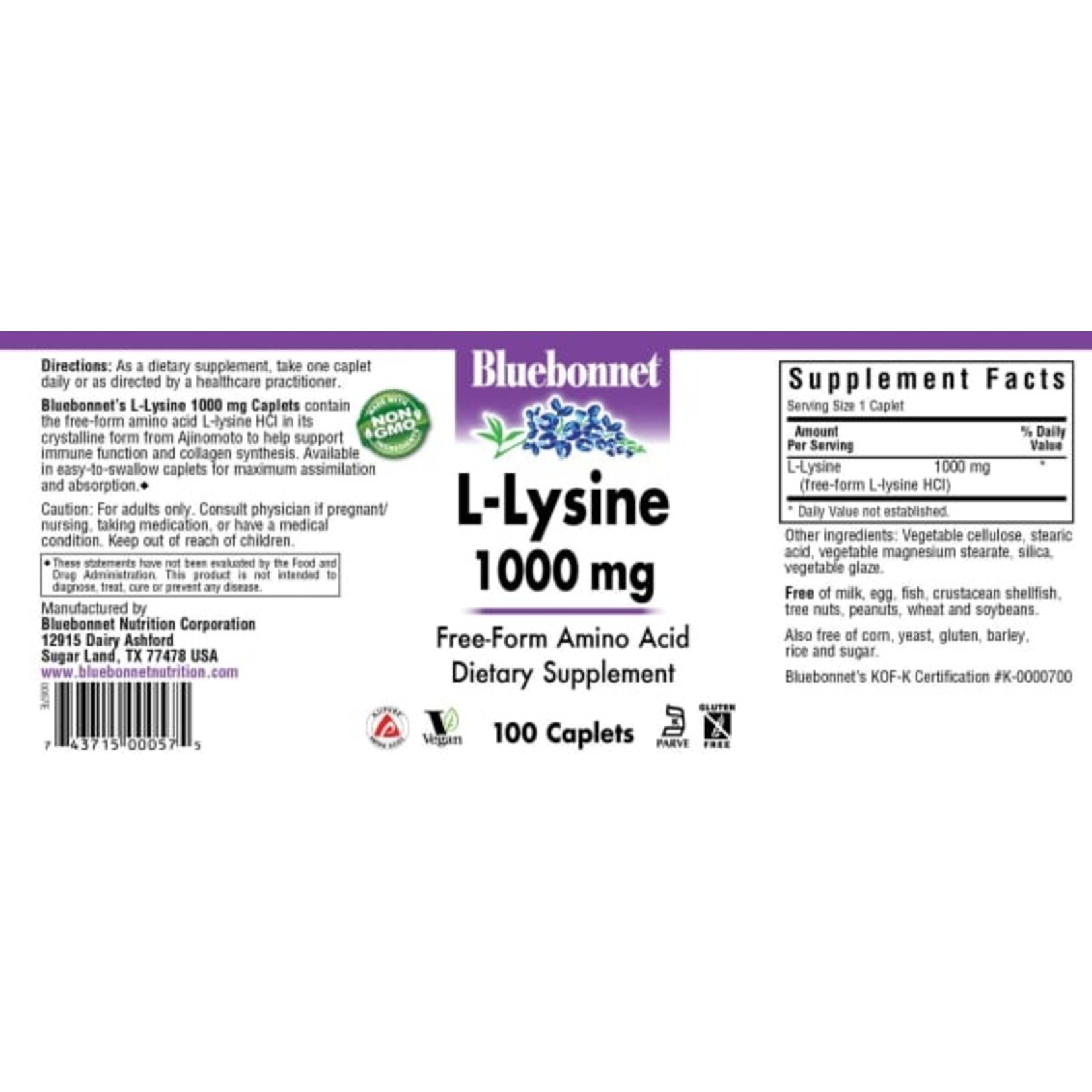 Bluebonnet Bluebonnet - L-Lysine 1000 mg - 100 Capsules