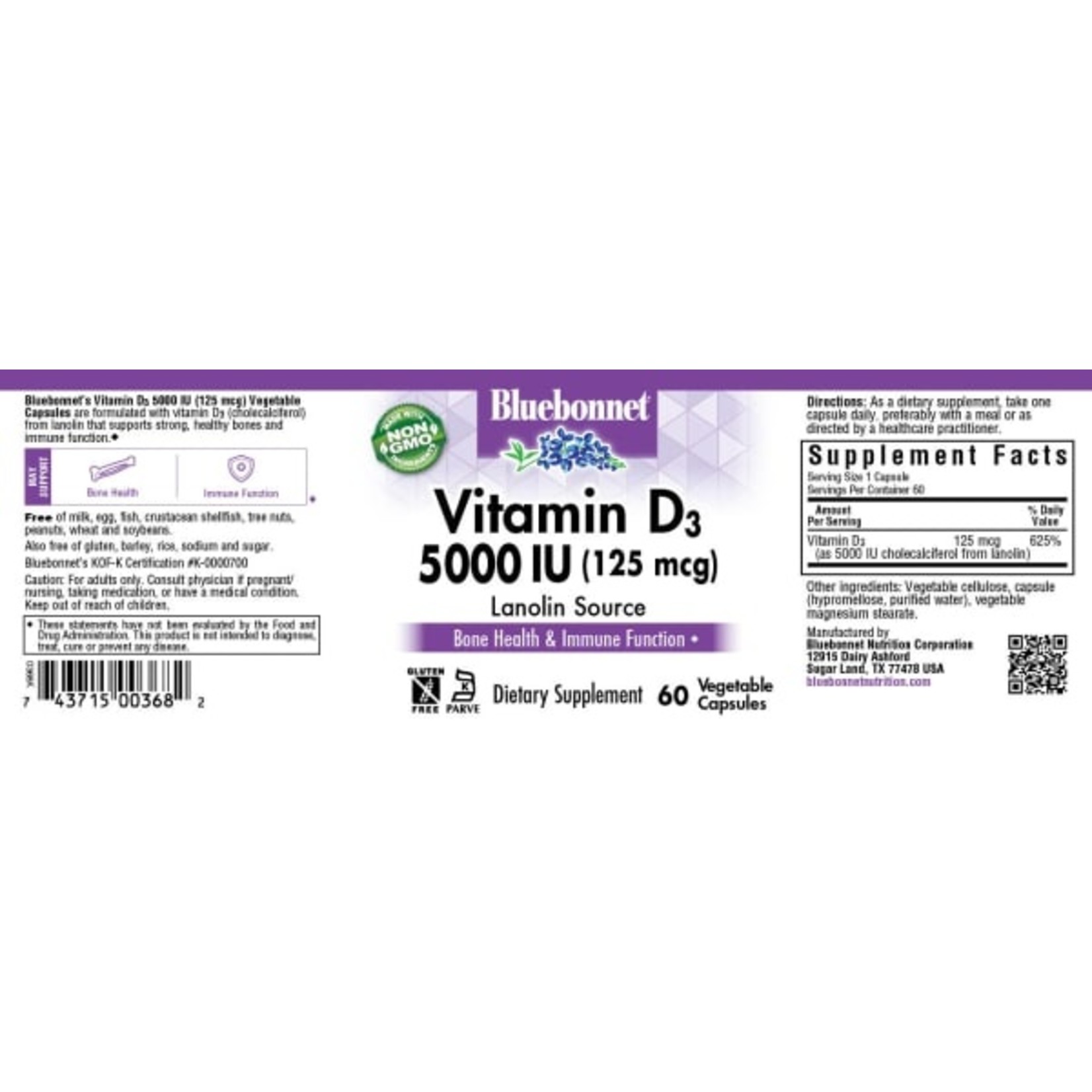 Bluebonnet Bluebonnet - Vitamin D3 5000 IU - 60 Veg Capsules