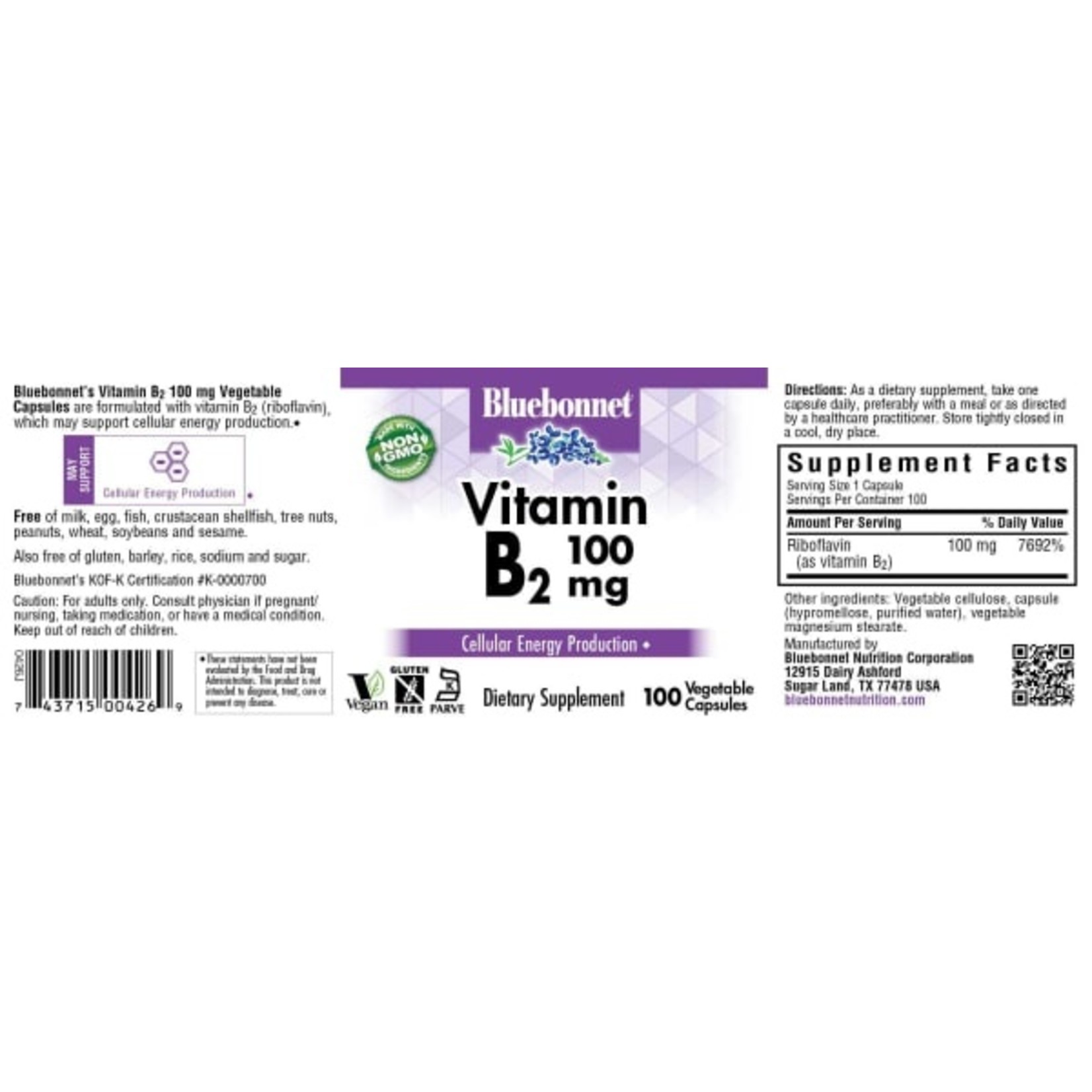 Bluebonnet Bluebonnet - Vitamin B2 - 100 Veg Capsules