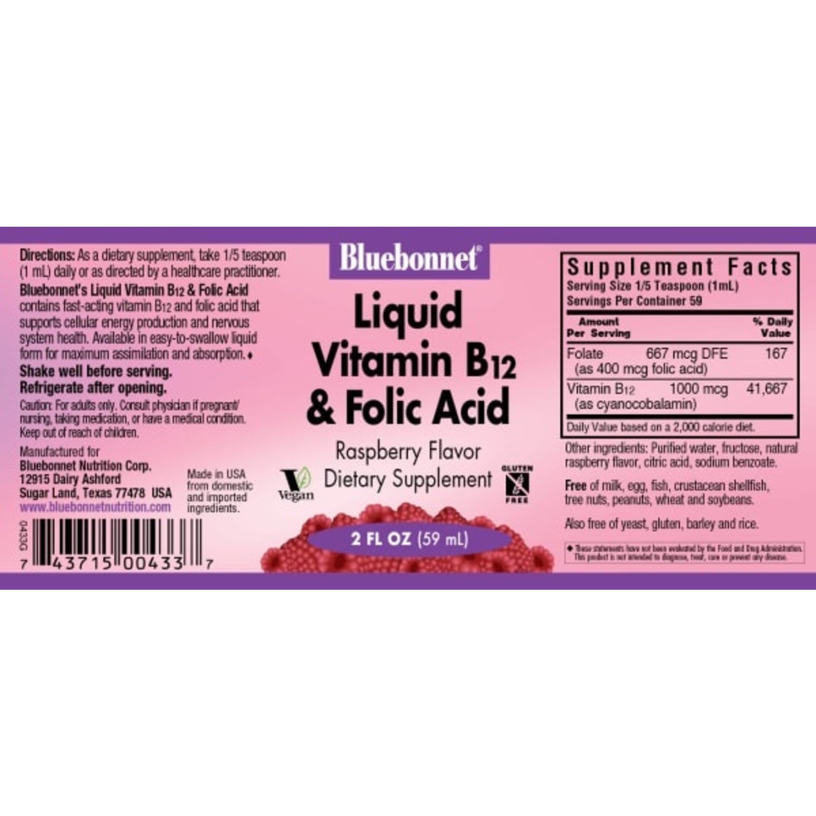 Bluebonnet Bluebonnet - Liquid Vitamin B-12 & Folic Acid Natural Raspberry - 2 oz