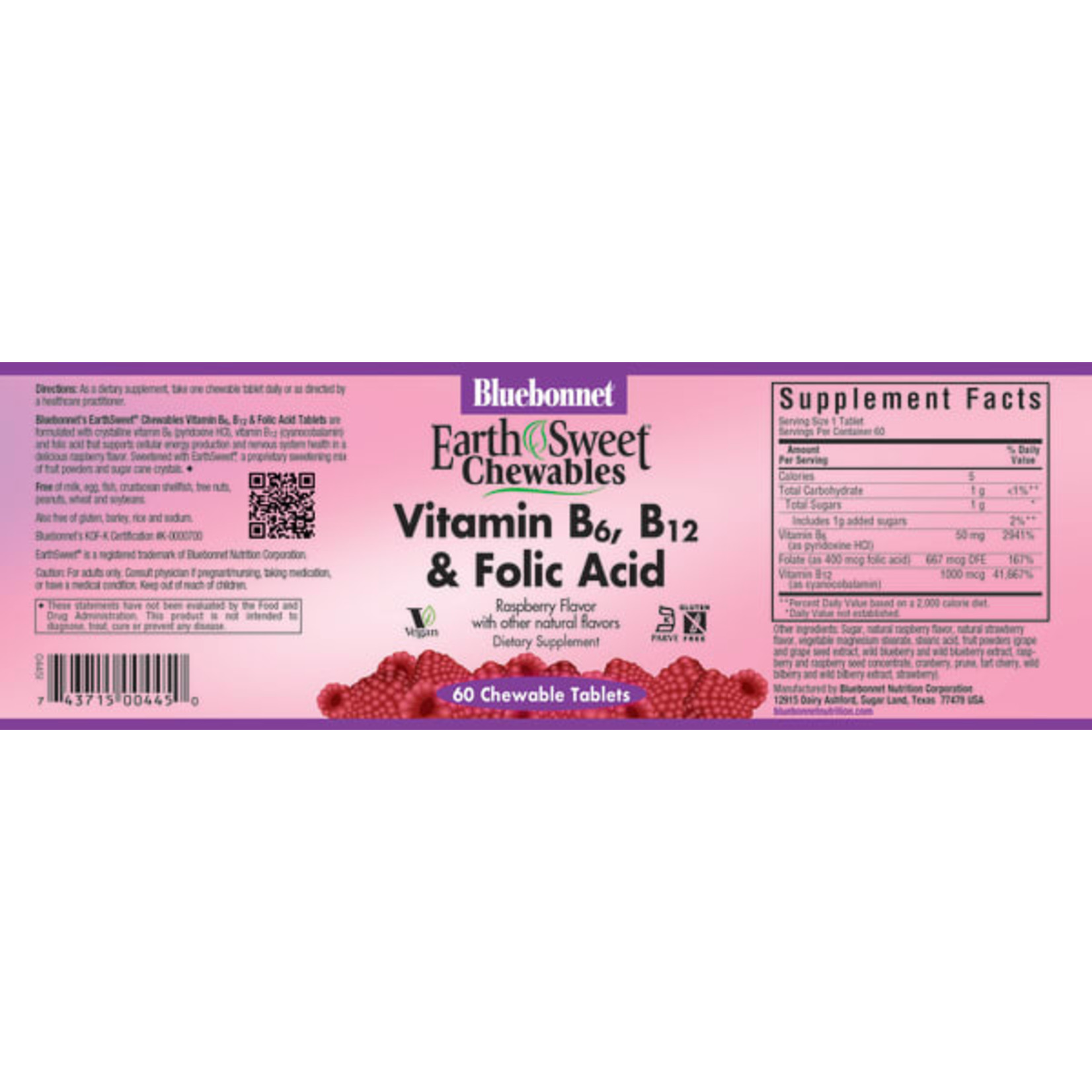 Bluebonnet Bluebonnet - Earthsweet Chewables Vitamin B6 B12 Plus Folic Acid Natural Raspberry - 60 Tablets