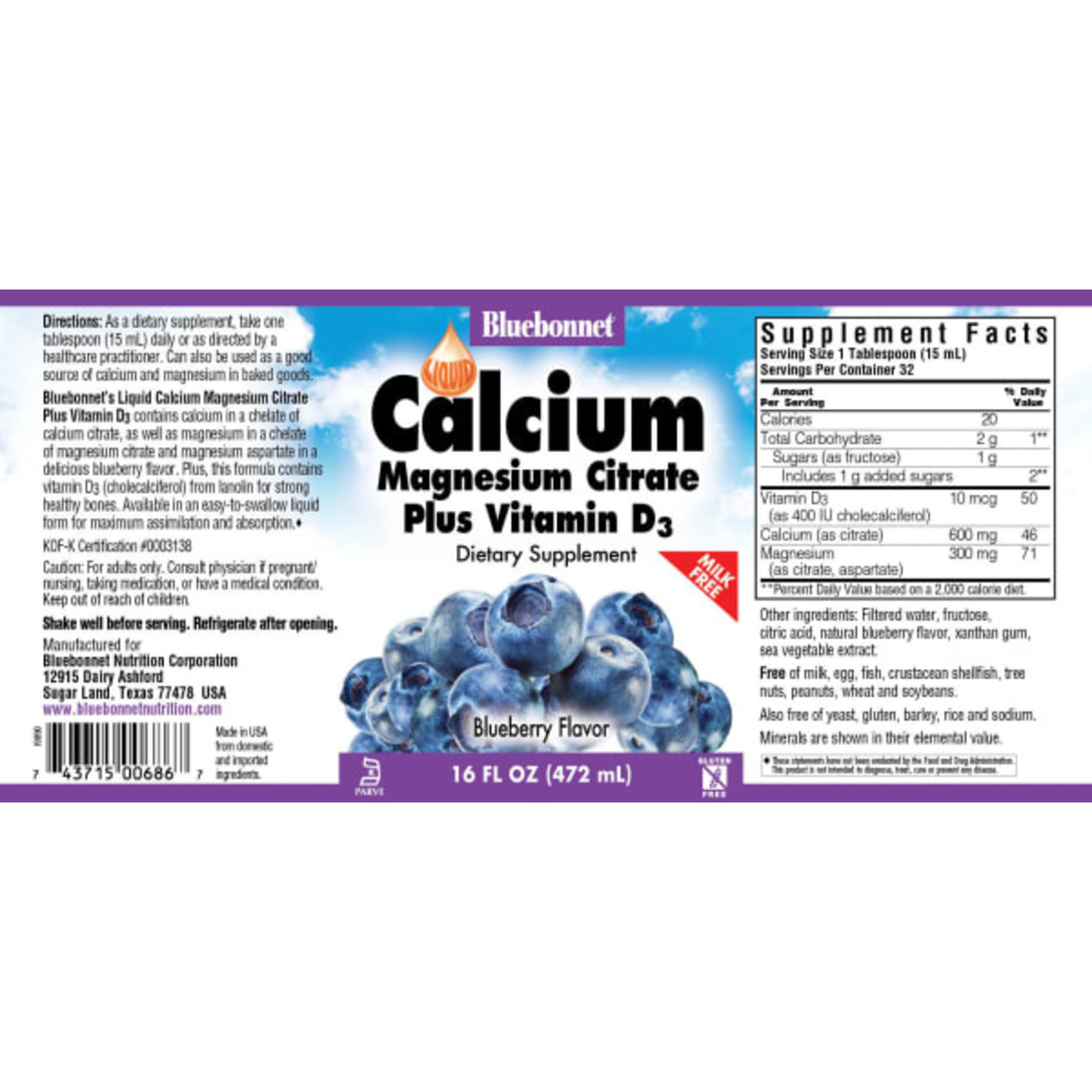 Bluebonnet Bluebonnet - Liquid Calcium Magnesium Citrate Plus Vitamin D3 Natural Blueberry - 16 oz