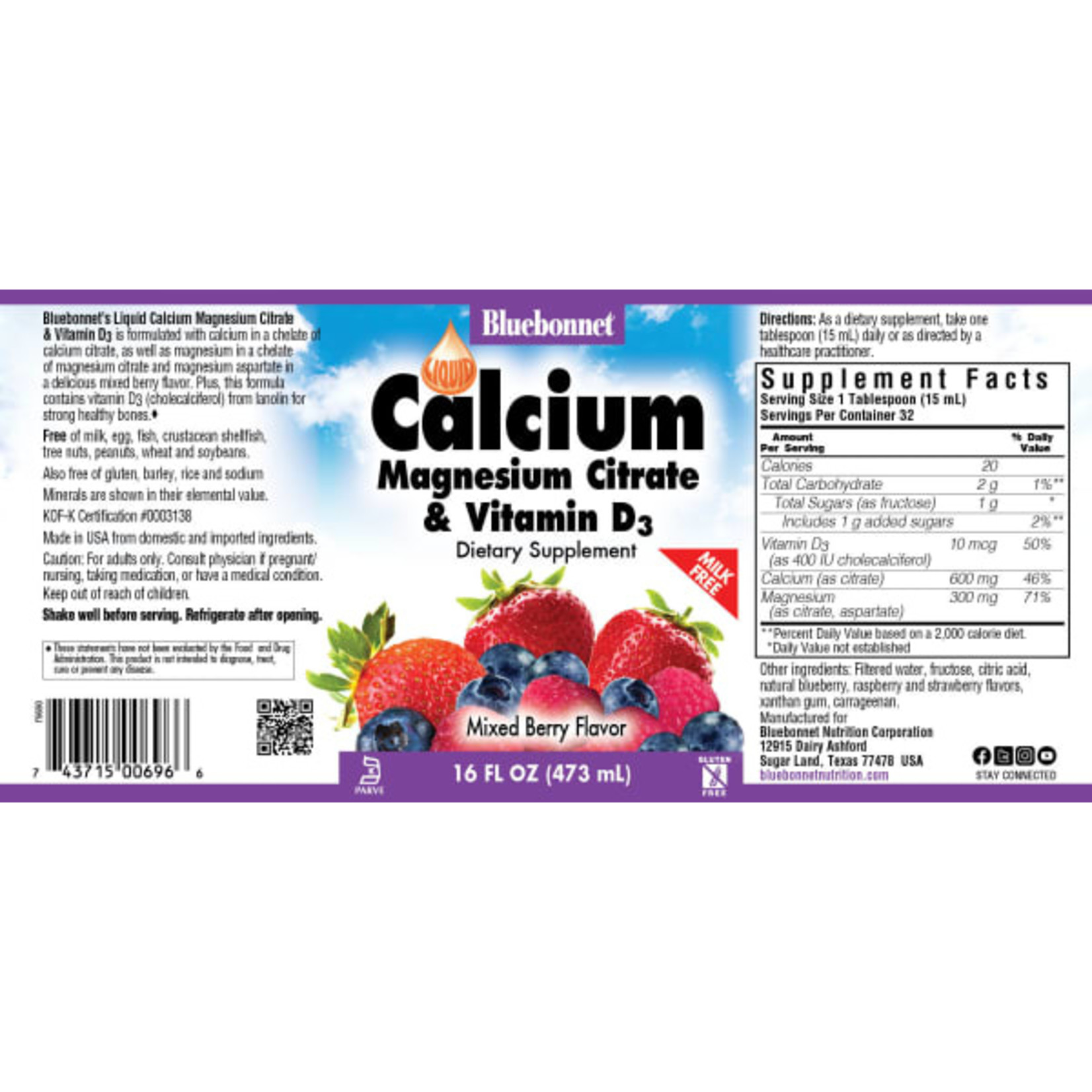 Bluebonnet Bluebonnet - Liquid Calcium Magnesium Citrate Plus Vitamin D3 Natural Mixed Berry - 16 oz