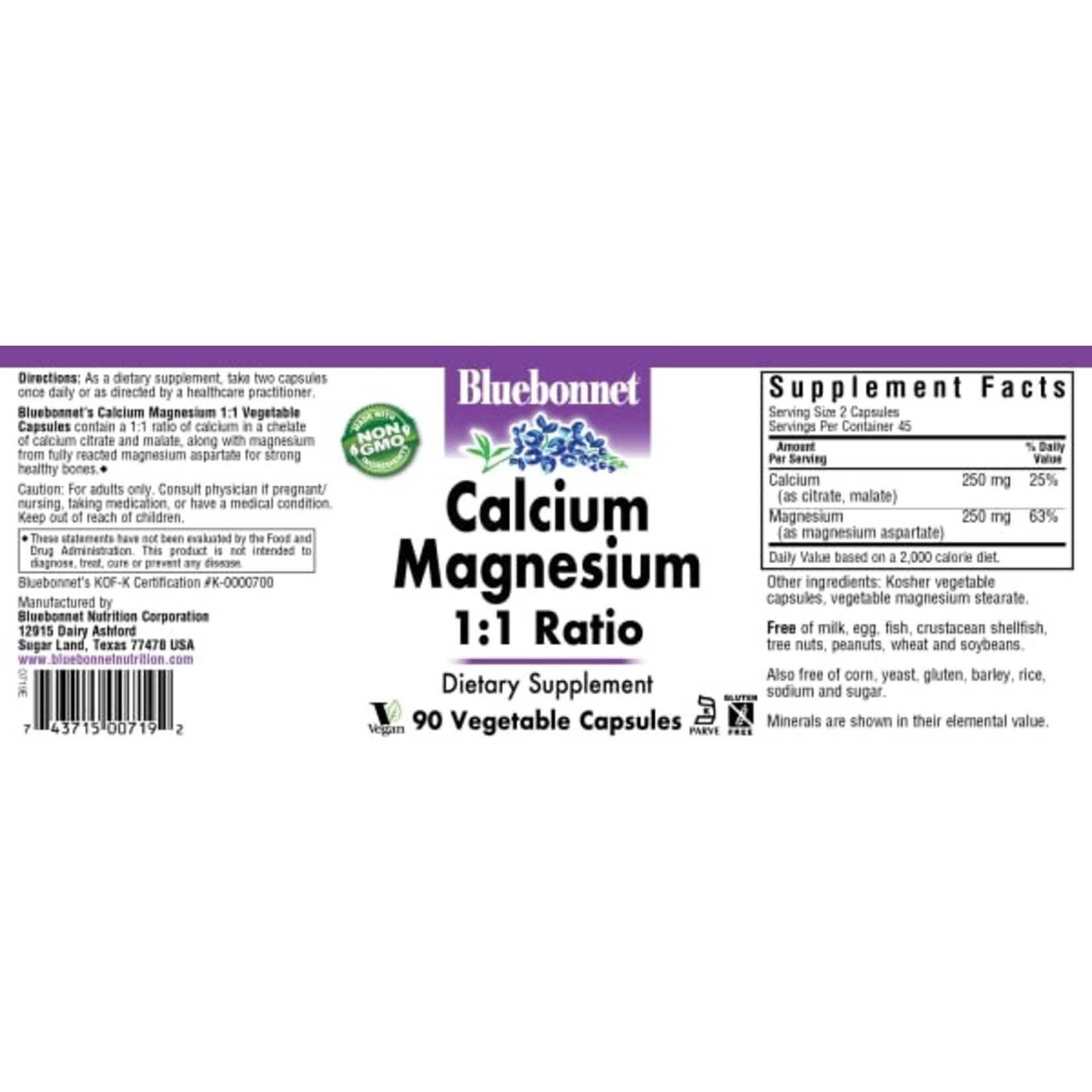 Bluebonnet Bluebonnet - Calcium Magnesium 1:1 Ratio - 90 Veg Capsules