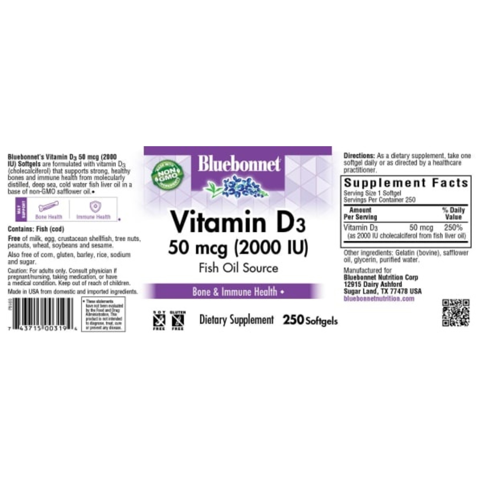 Bluebonnet Bluebonnet - Vitamin D3 2000 IU - 250 Softgels