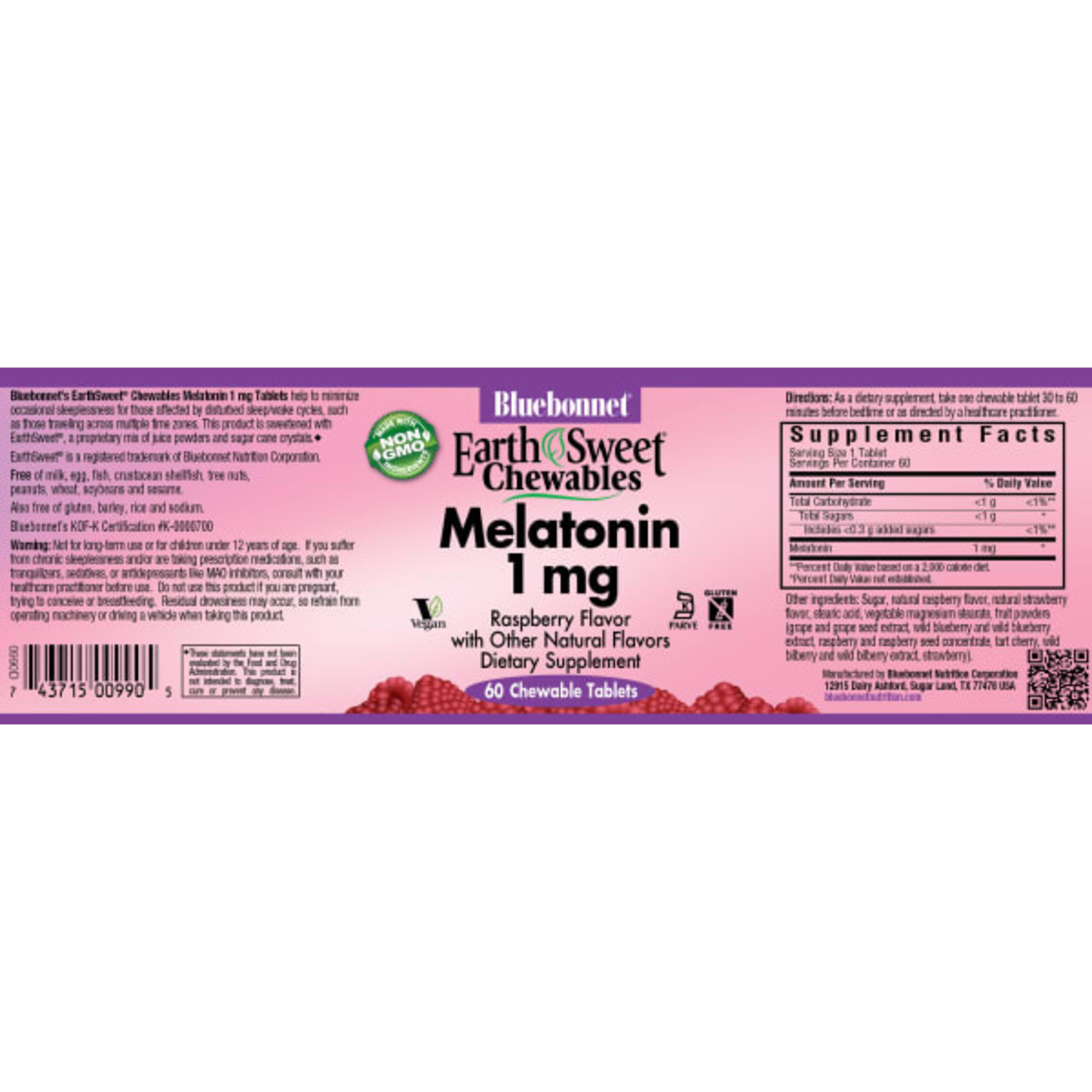 Bluebonnet Bluebonnet - Melatonin 1 mg Chewable Raspberry - 60 Tablets