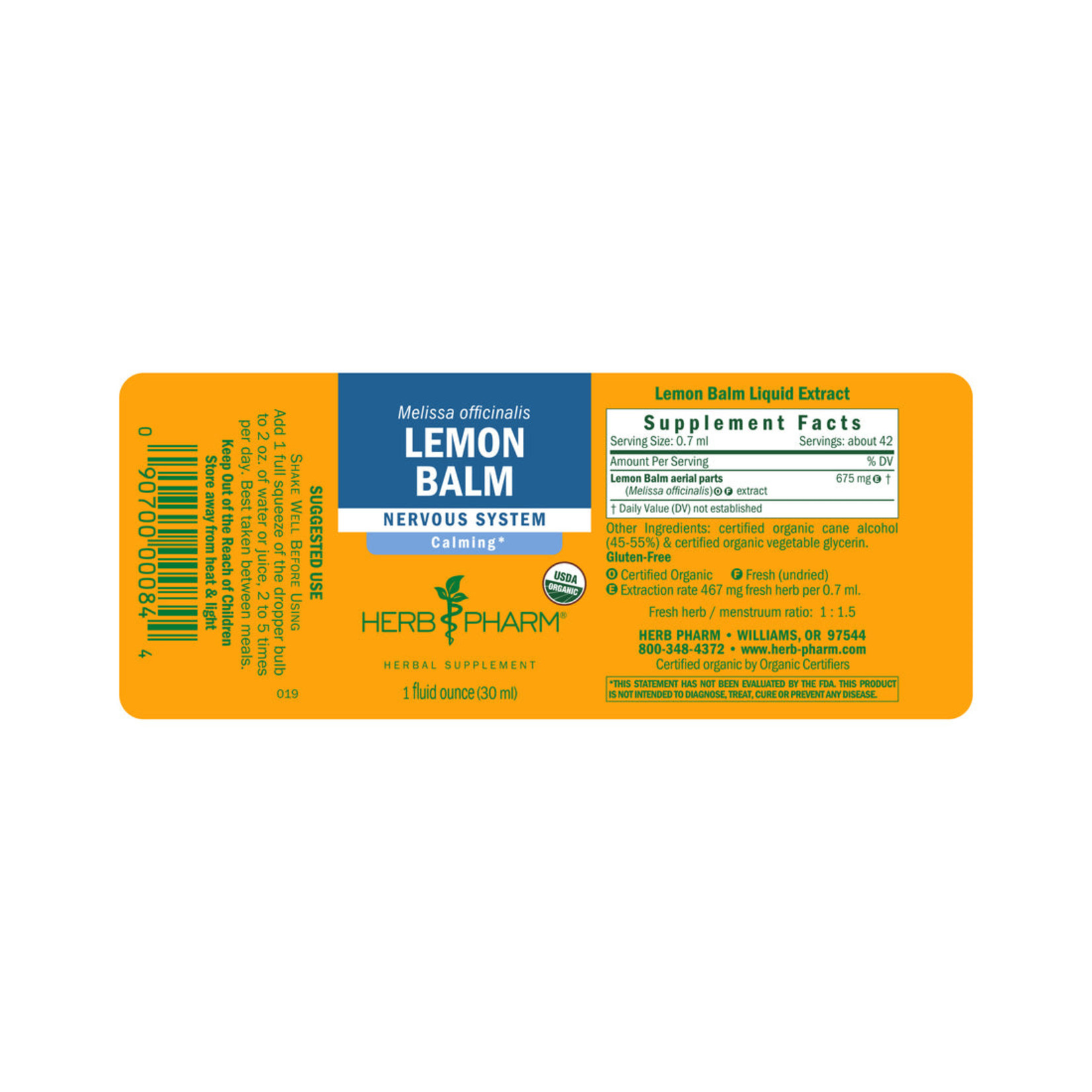 Herb Pharm Herb Pharm - Lemon Balm Alchohol Free - 1 oz