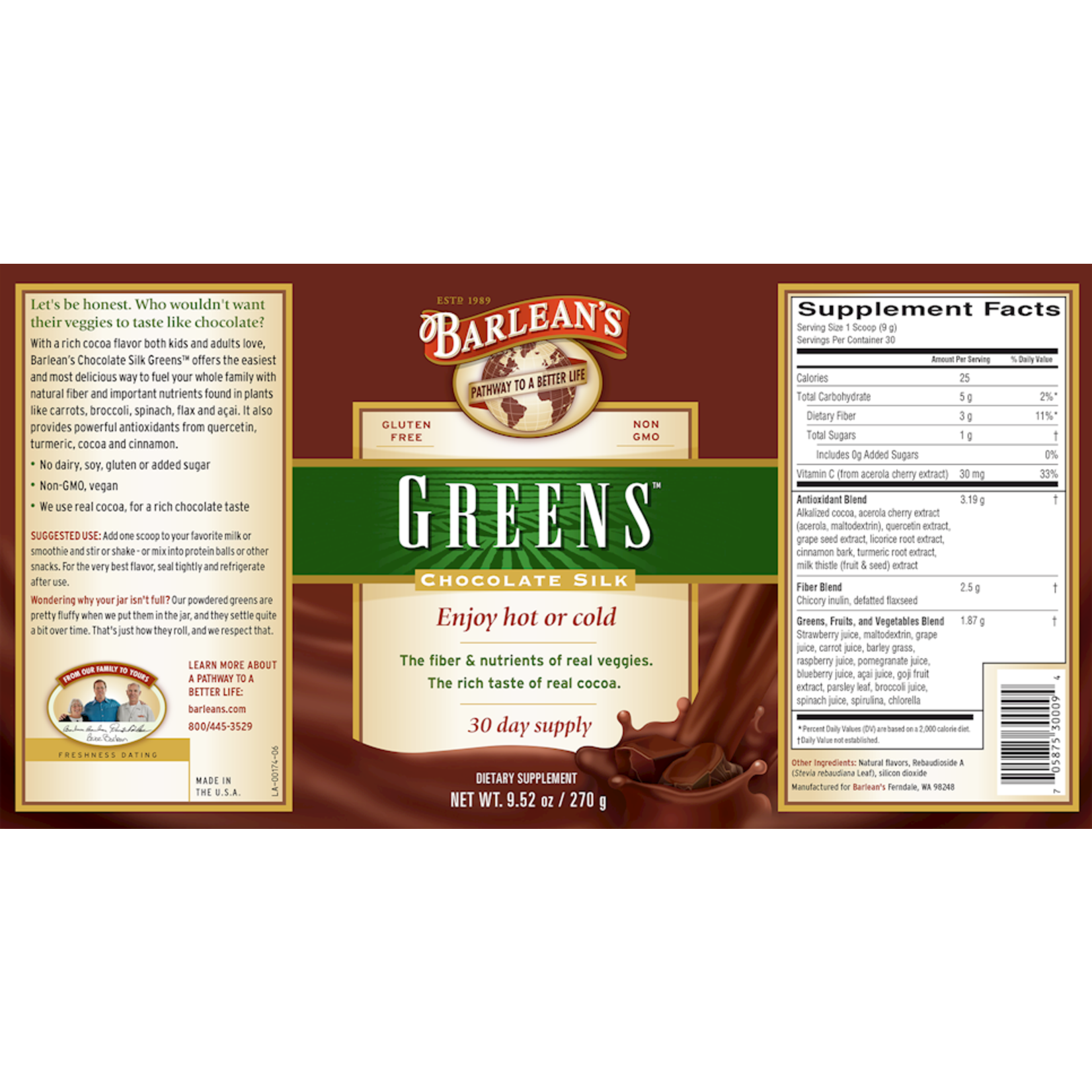 Barleans Barleans - Chocolate Silk Greens Powder - 9.52 oz