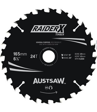 Austsaw RaiderX Timber Blade 165mm x 20/16 Bore x 24 T Thin Kerf