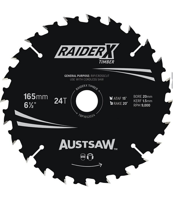 AUSTSAW Austsaw RaiderX Timber Blade 165mm x 20/16 Bore x 24 T Thin Kerf