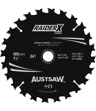 Austsaw RaiderX Timber Blade 185mm x 20/16 Bore x 24 T