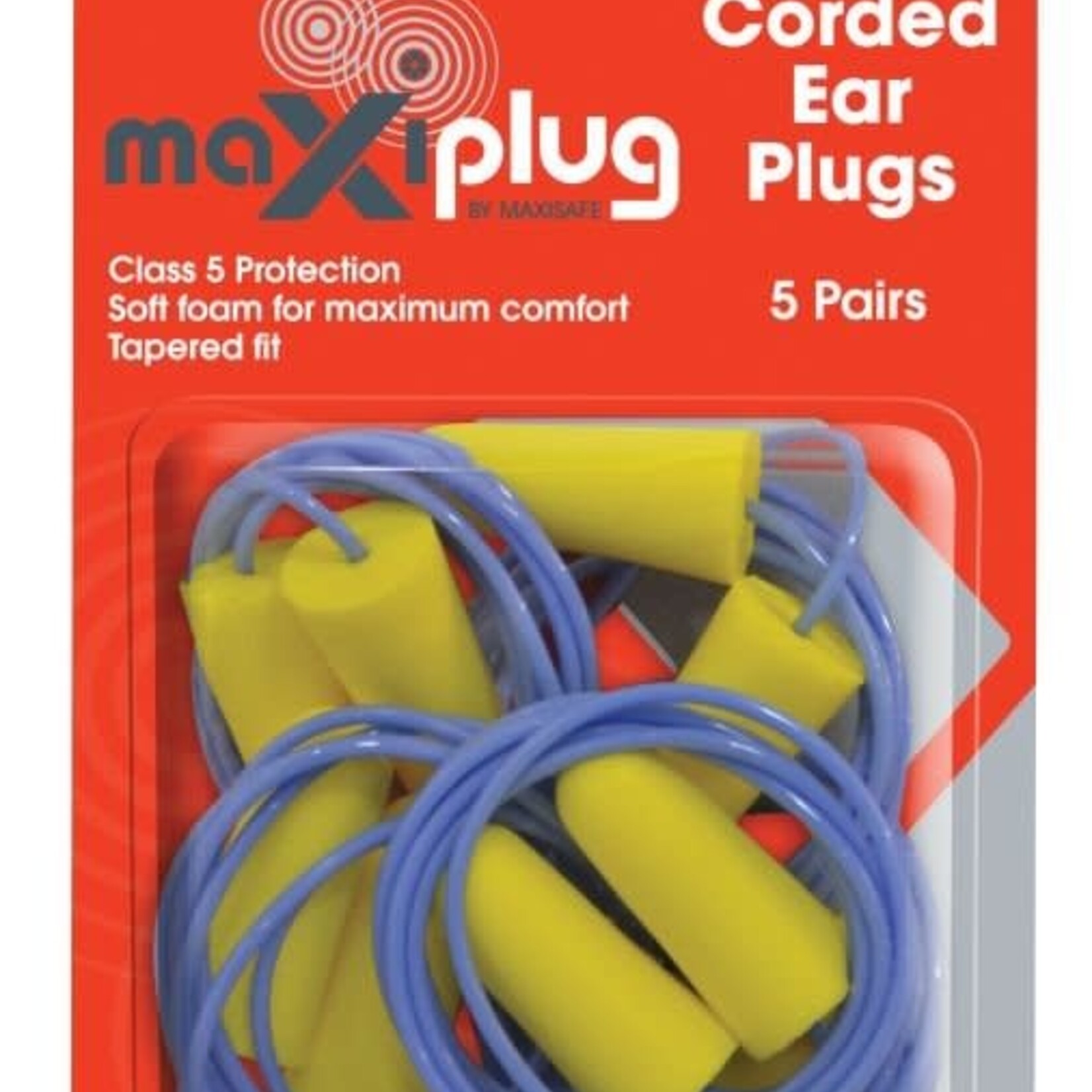 MaxiSafe MaxiPlug Corded Ear Plugs - Blister Pack of 5 pairs