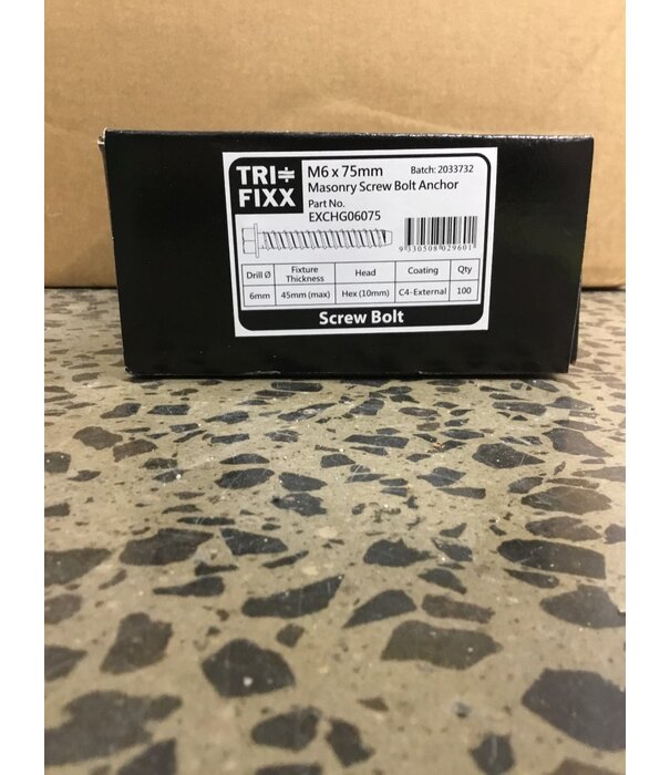 M6 x 75mm Masonry Screwbolt Anchor, Hex Head,  100 BOX