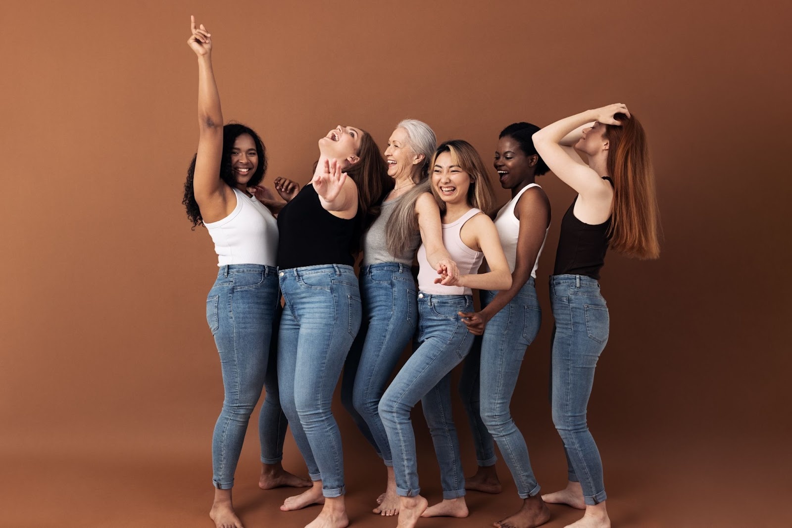 Women of different body types are shown dancing in a side-view perspective.