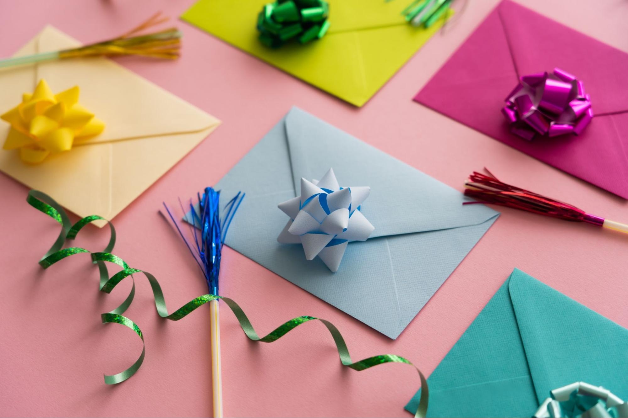 Decorated envelopes on a table.