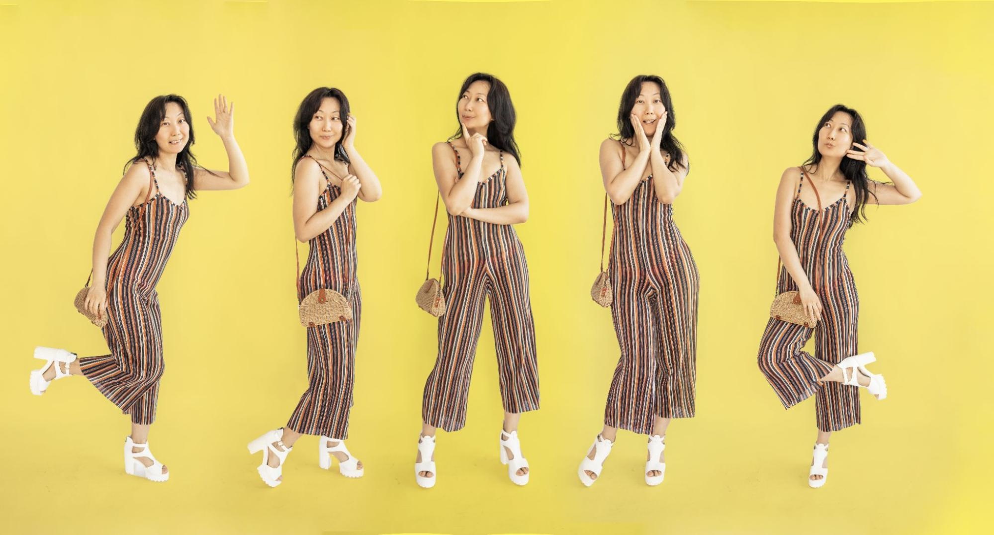 A cheerful woman in a striped spaghetti-strap jumpsuit poses in various full-body portraits against a bright yellow background.