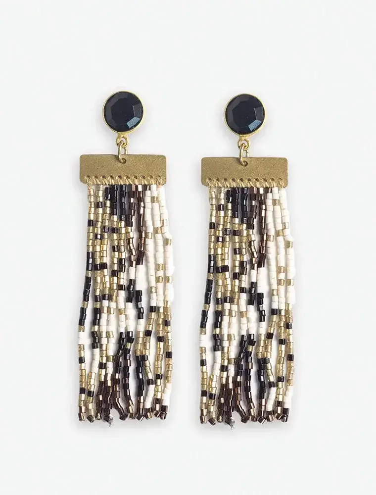 Ink + Alloy Lilah Semi Precious Stone Post Beaded Fringe Earring Gold/Black