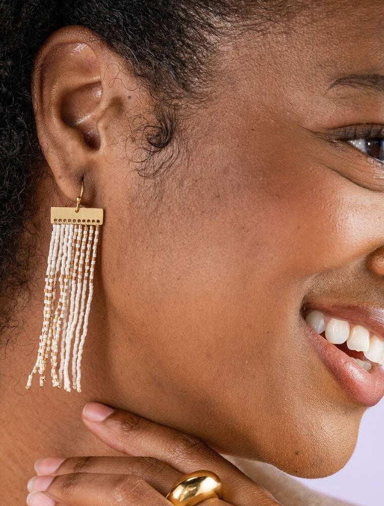 Ink + Alloy Lana Rectangle Colorblock Earrings Ivory/Gold Fringe