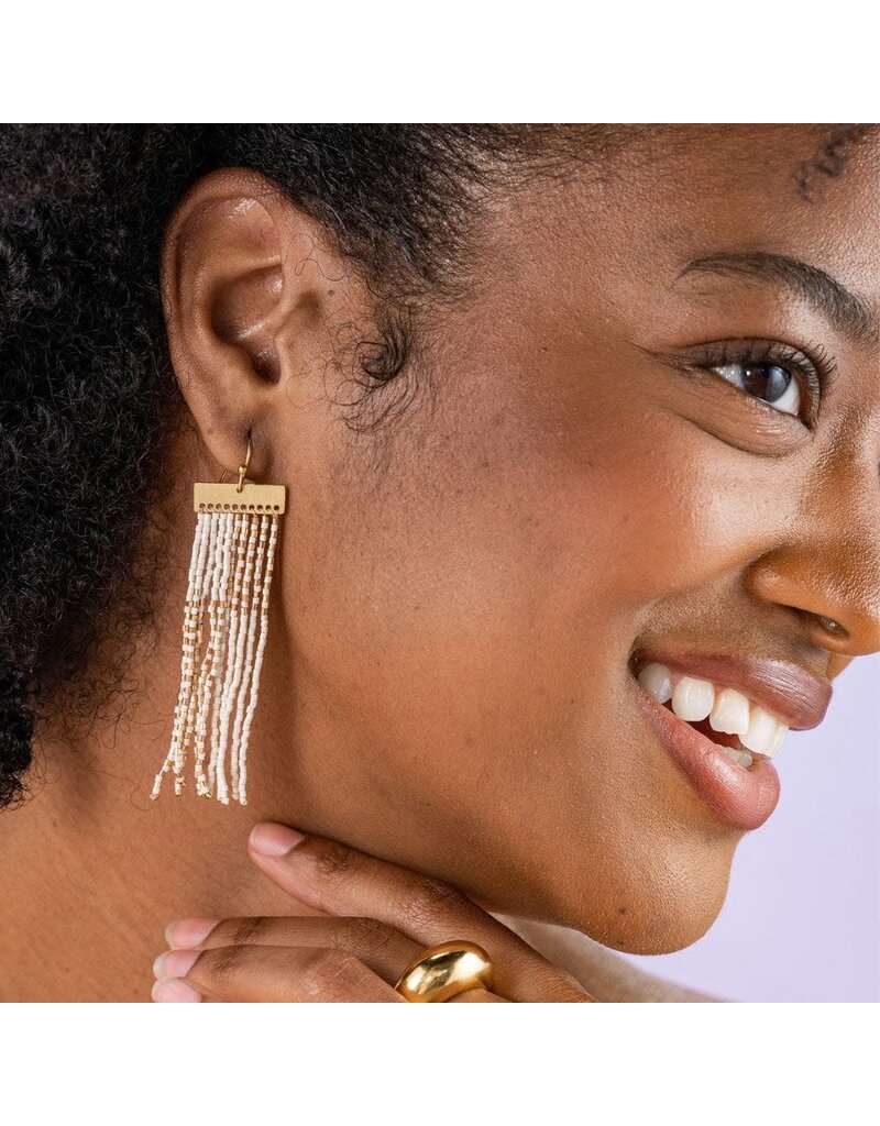 Ink + Alloy Lana Rectangle Colorblock Earrings Ivory/Gold Fringe