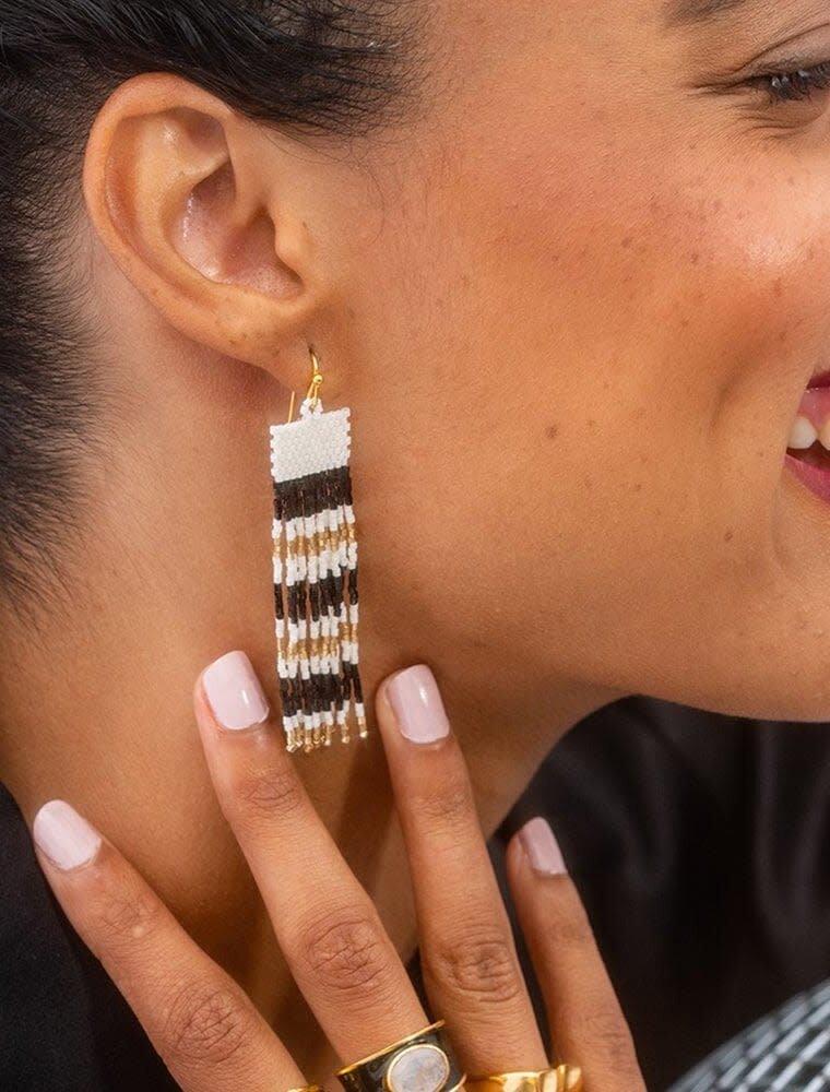 Ink + Alloy Billie Mixed Horizontal Stripe Beaded Fringe Earrings Black
