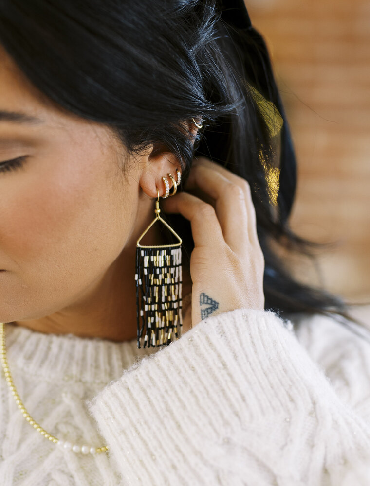 Ink + Alloy Patricia Mixed Luxe Beaded Fringe Earrings Black/White