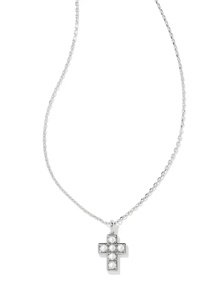 Kendra Scott Pearl Cross Pendant Necklace Rhodium White Pearl