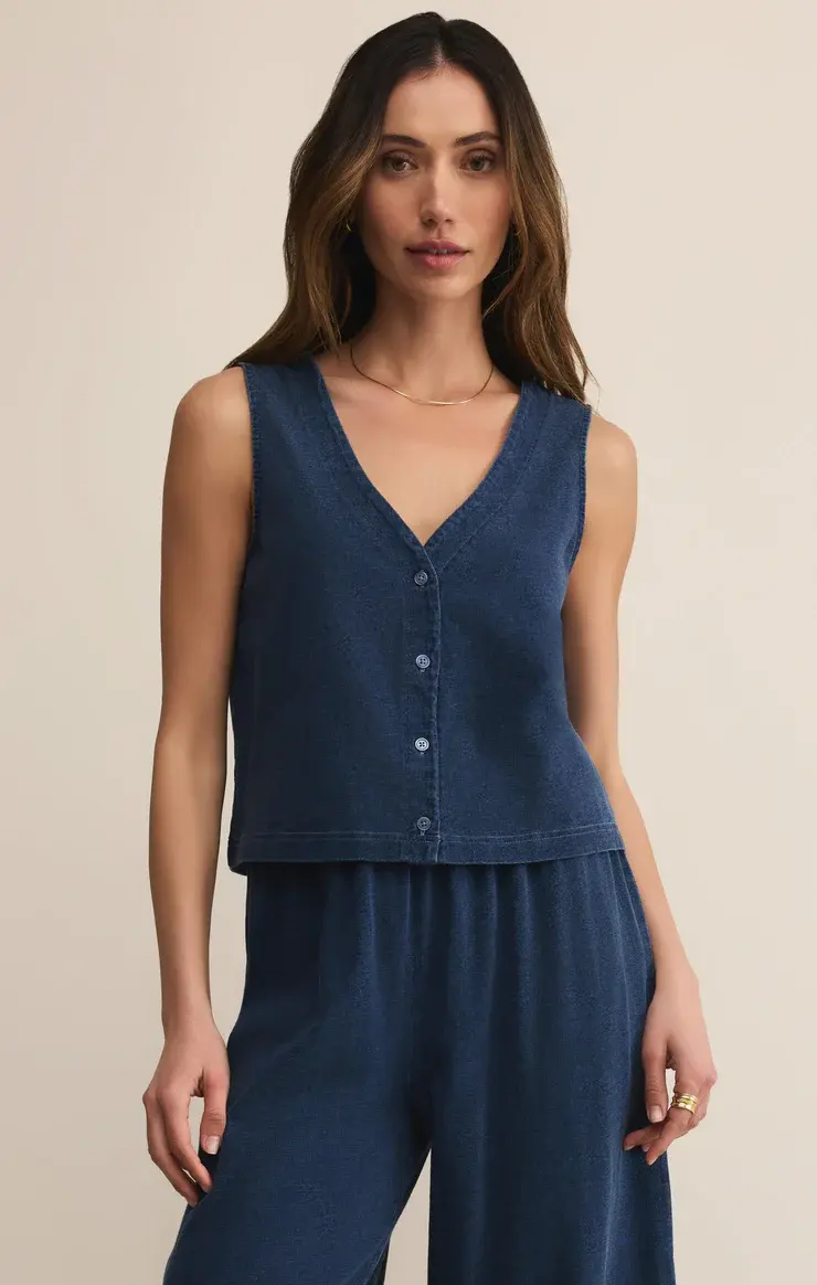 トップス Desmond Solace Jersey Denim Top in Indigo - Golden Poppy