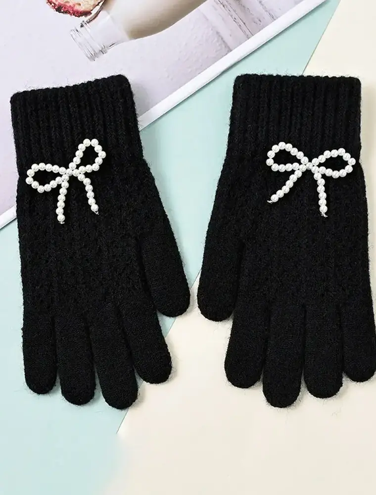 ninexis Winter Knit Gloves Pearl Bow (black)
