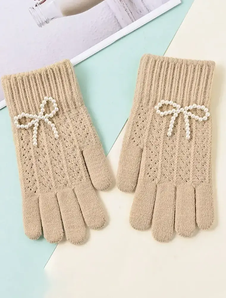 ninexis Winter Knit Gloves Pearl Bow (khaki)