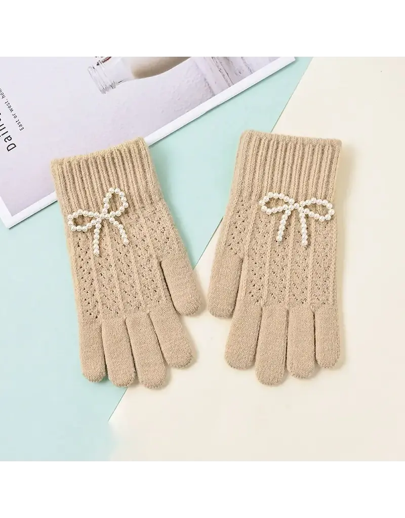 ninexis Winter Knit Gloves Pearl Bow (khaki)
