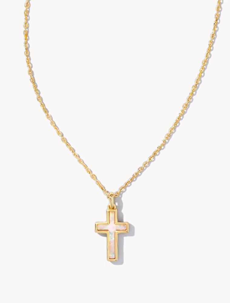 Kendra Scott Cross Pendant Necklace Gold White Opal