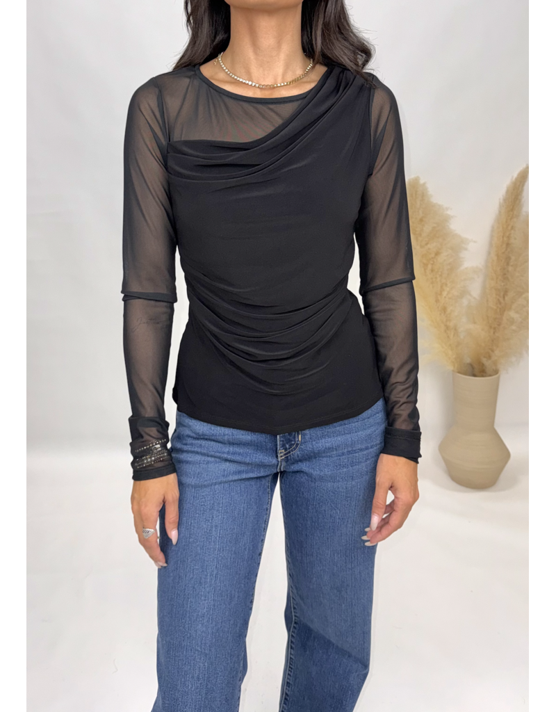 Sunday Edition Cowl Neck Mesh Sleeve Top