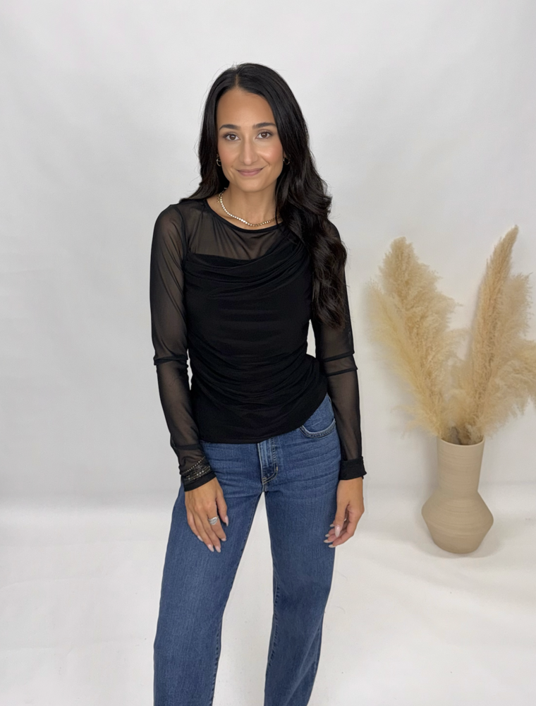 Sunday Edition Cowl Neck Mesh Sleeve Top
