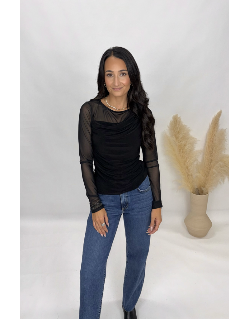 Sunday Edition Cowl Neck Mesh Sleeve Top