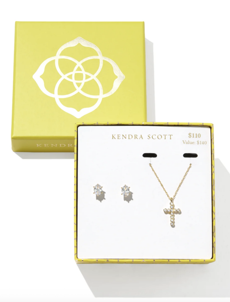 Kendra Scott Cross Caitlyn Gift Set Gold Metal White CZ