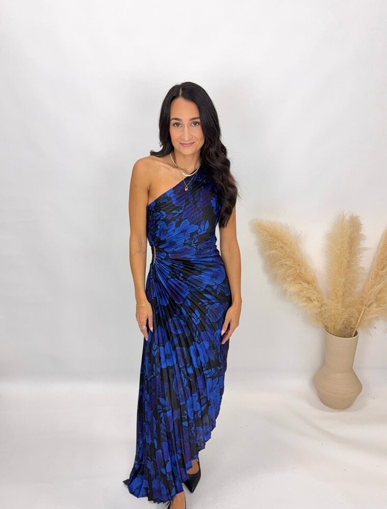 Dress Forum Floral One Shoulder Pleated Dress