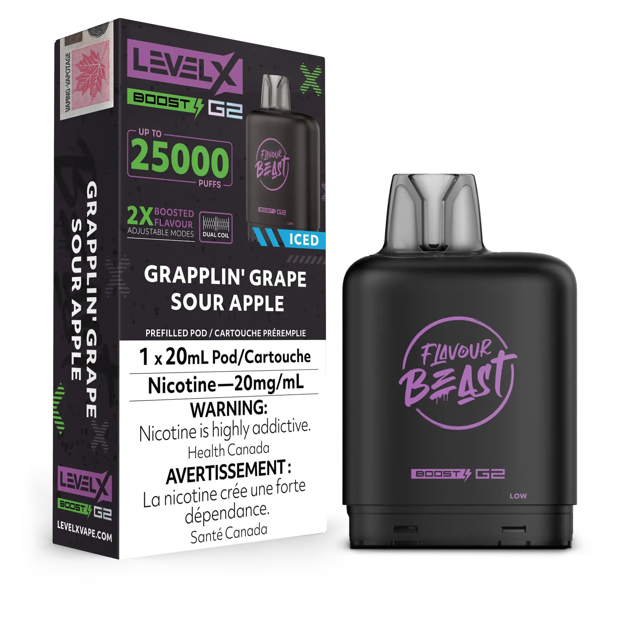 LEVEL X FLAVOUR BEAST POD 25K ON GRAPPLIN' GRAPE SOUR APPLE ICED