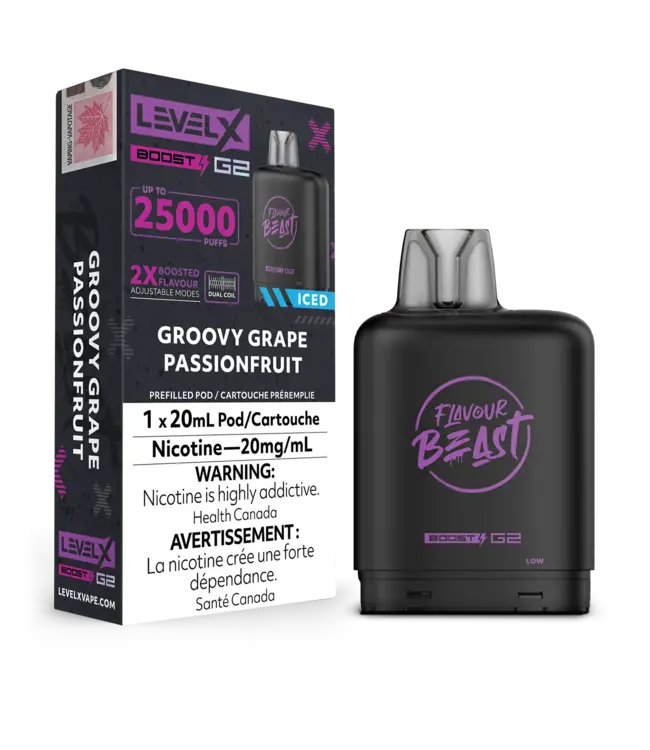LEVEL X FLAVOUR BEAST POD 25K ON GROOVY GRAPE PASSIONFRUIT ICED
