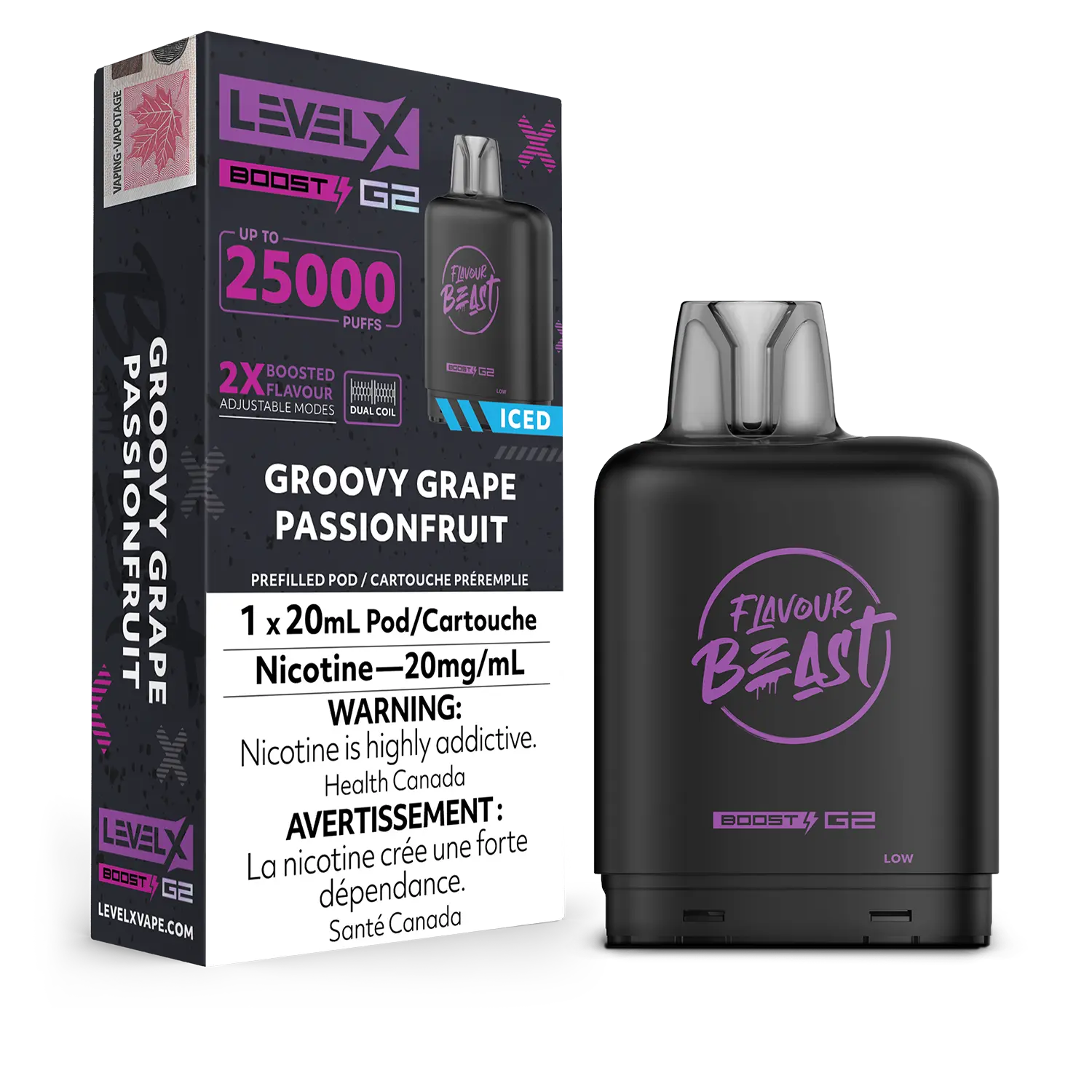 LEVEL X FLAVOUR BEAST POD 25K ON GROOVY GRAPE PASSIONFRUIT ICED